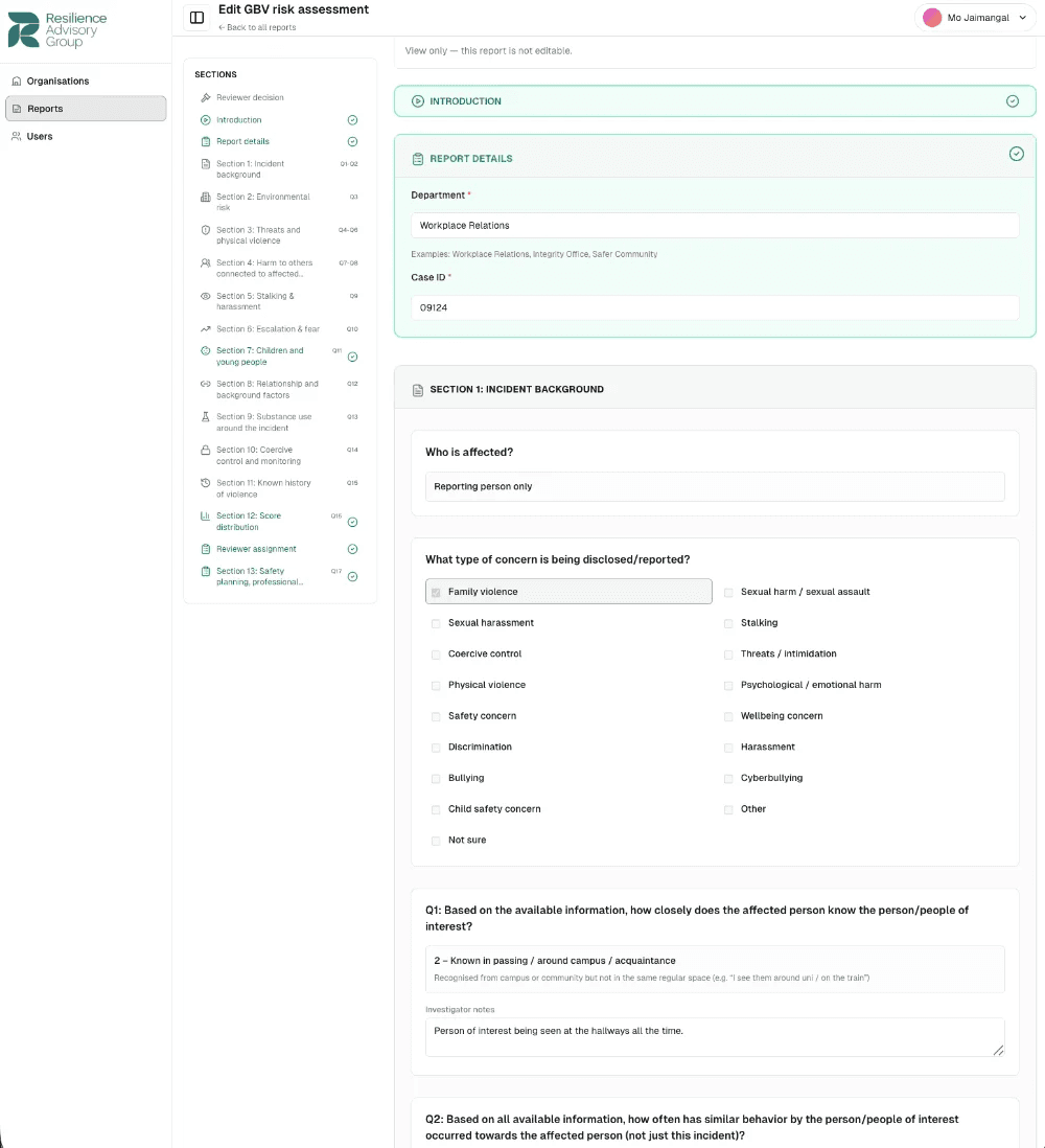 Resilience Advisory Group product interface
